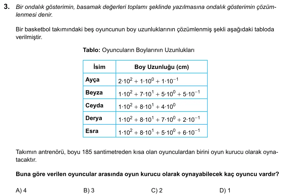 LGS 2020 Sayısal Matematik 3. Soru görseli