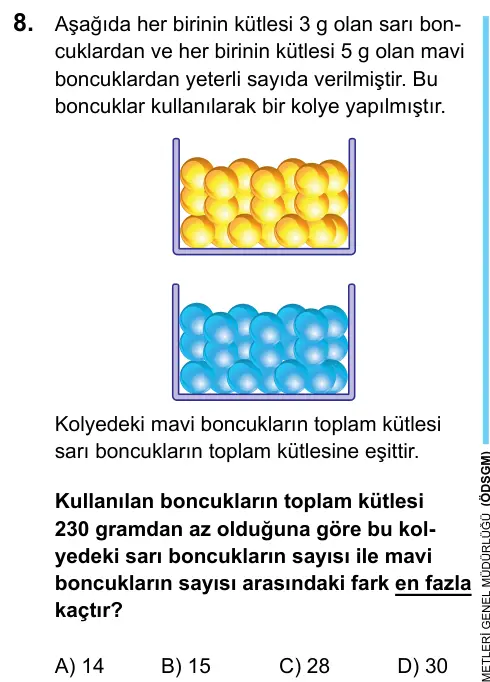 LGS 2020 Sayısal Matematik 8. Soru görseli