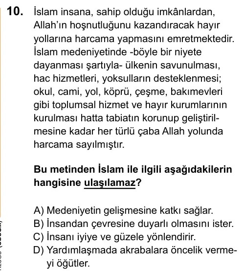 LGS 2020 Sözel Din Kültürü ve Ahlak Bilgisi 10. Soru görseli