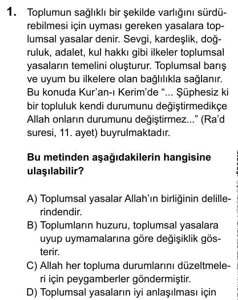 LGS 2020 Sözel Din Kültürü ve Ahlak Bilgisi 1. Soru görseli