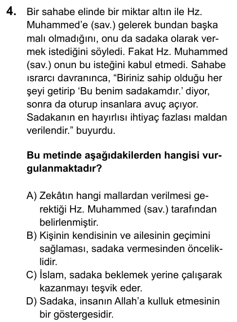 LGS 2020 Sözel Din Kültürü ve Ahlak Bilgisi 4. Soru görseli