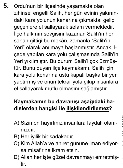 LGS 2020 Sözel Din Kültürü ve Ahlak Bilgisi 5. Soru görseli