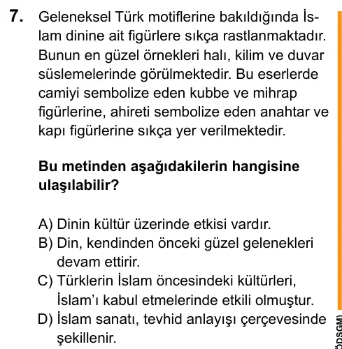 LGS 2020 Sözel Din Kültürü ve Ahlak Bilgisi 7. Soru görseli