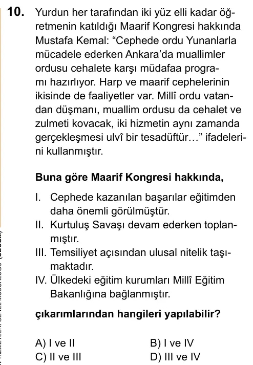 LGS 2020 Sözel T.C. İnkılap Tarihi ve Atatürkçülük 10. Soru görseli