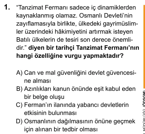 LGS 2020 Sözel T.C. İnkılap Tarihi ve Atatürkçülük 1. Soru görseli