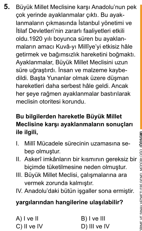 LGS 2020 Sözel T.C. İnkılap Tarihi ve Atatürkçülük 5. Soru görseli