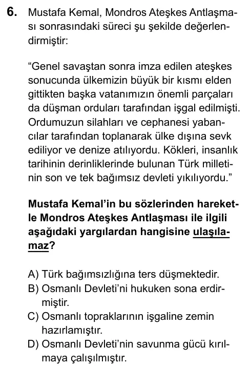 LGS 2020 Sözel T.C. İnkılap Tarihi ve Atatürkçülük 6. Soru görseli