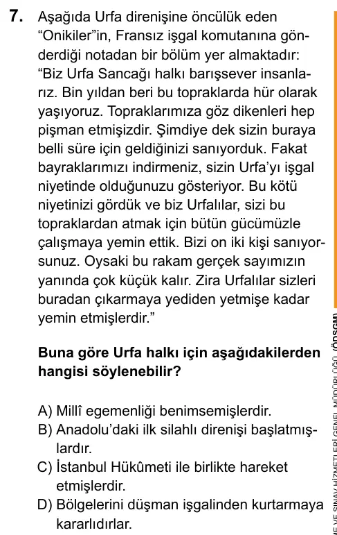 LGS 2020 Sözel T.C. İnkılap Tarihi ve Atatürkçülük 7. Soru görseli