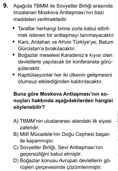 LGS 2020 Sözel T.C. İnkılap Tarihi ve Atatürkçülük 9. Soru görseli