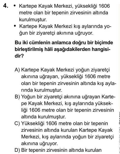 LGS 2020 Sözel Türkçe 4. Soru görseli
