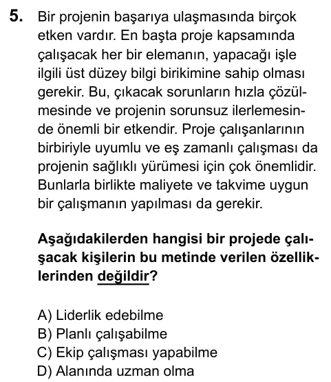 LGS 2020 Sözel Türkçe 5. Soru görseli