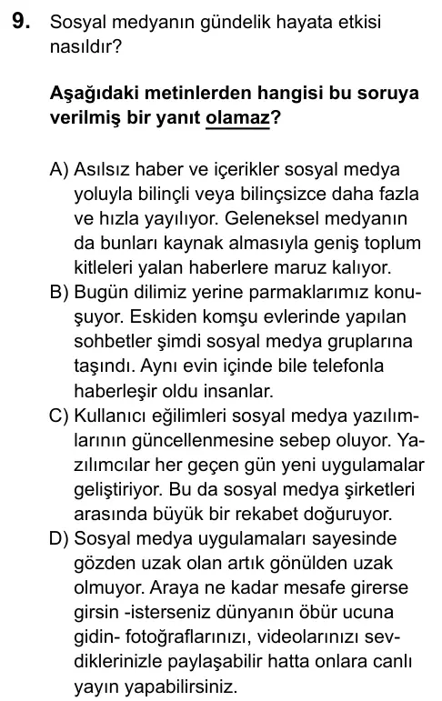 LGS 2020 Sözel Türkçe 9. Soru görseli