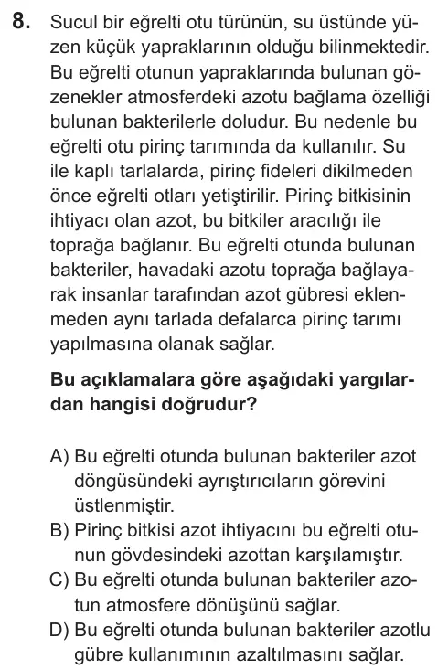 LGS 2021 Sayısal Fen Bilimleri 8. Soru görseli