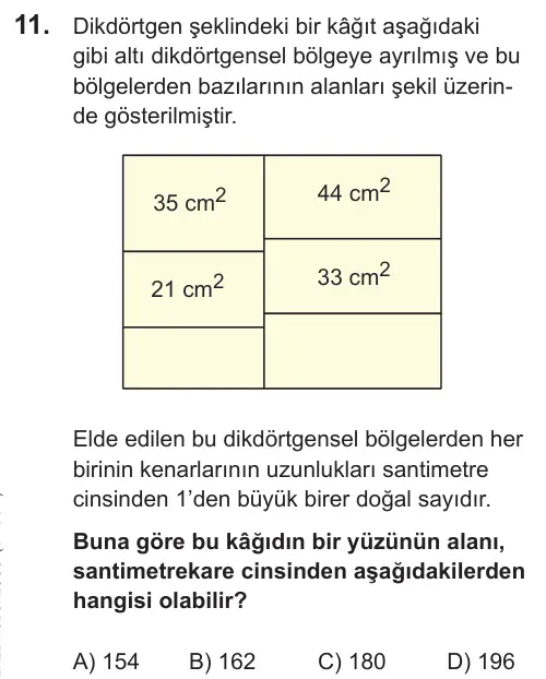 LGS 2021 Sayısal Matematik 11. Soru görseli