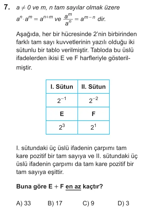 LGS 2021 Sayısal Matematik 7. Soru görseli