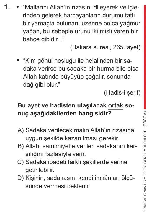 LGS 2021 Sözel Din Kültürü ve Ahlak Bilgisi 1. Soru görseli