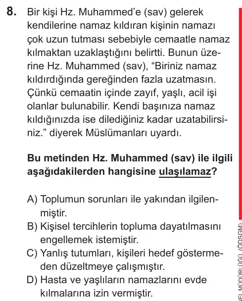 LGS 2021 Sözel Din Kültürü ve Ahlak Bilgisi 8. Soru görseli
