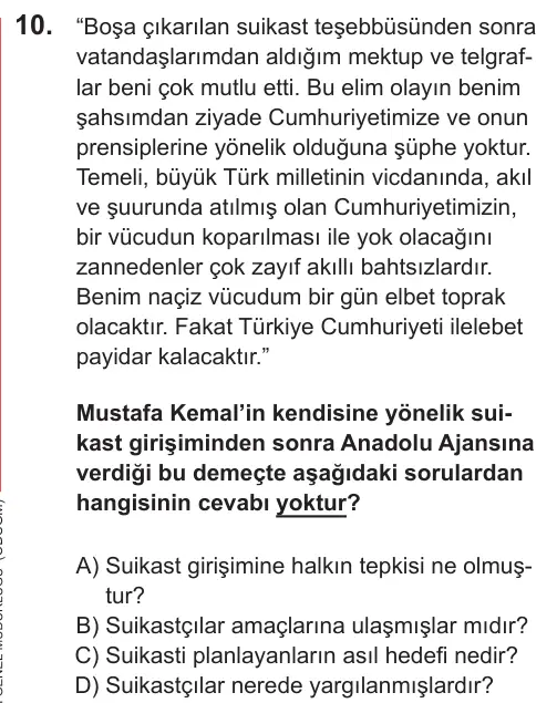 LGS 2021 Sözel T.C. İnkılap Tarihi ve Atatürkçülük 10. Soru görseli