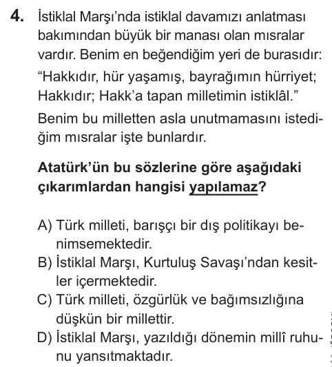 LGS 2021 Sözel T.C. İnkılap Tarihi ve Atatürkçülük 4. Soru görseli