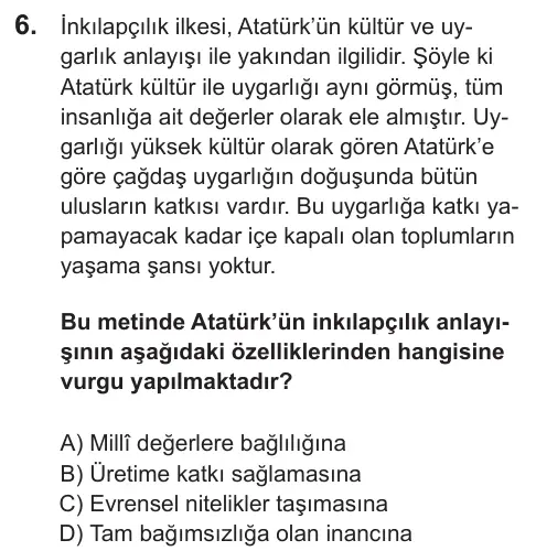 LGS 2021 Sözel T.C. İnkılap Tarihi ve Atatürkçülük 6. Soru görseli