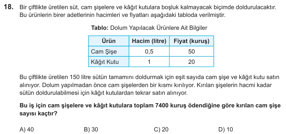 LGS 2022 Sayısal Matematik 18. Soru görseli