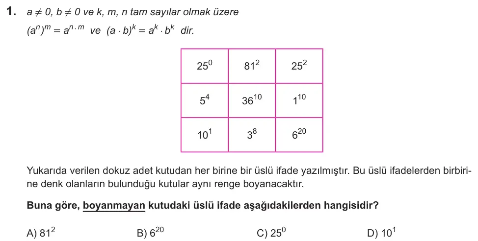 LGS 2022 Sayısal Matematik 1. Soru görseli