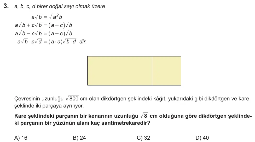 LGS 2022 Sayısal Matematik 3. Soru görseli