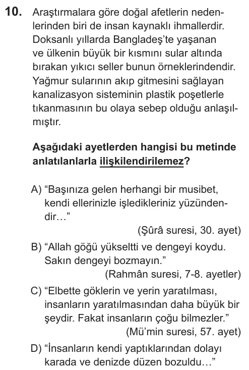 LGS 2022 Sözel Din Kültürü ve Ahlak Bilgisi 10. Soru görseli