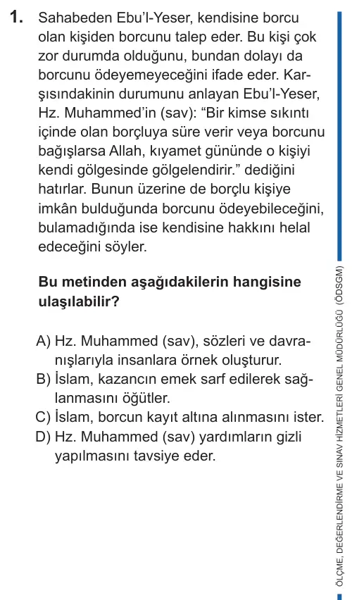 LGS 2022 Sözel Din Kültürü ve Ahlak Bilgisi 1. Soru görseli