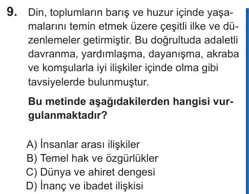 LGS 2022 Sözel Din Kültürü ve Ahlak Bilgisi 9. Soru görseli