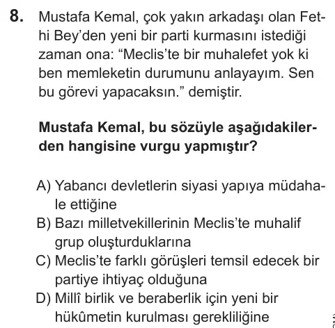 LGS 2022 Sözel T.C. İnkılap Tarihi ve Atatürkçülük 8. Soru görseli