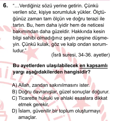 LGS 2023 Sözel Din Kültürü ve Ahlak Bilgisi 6. Soru görseli