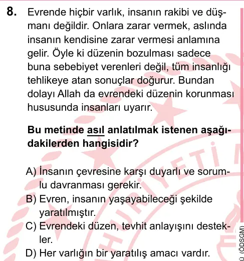 LGS 2023 Sözel Din Kültürü ve Ahlak Bilgisi 8. Soru görseli