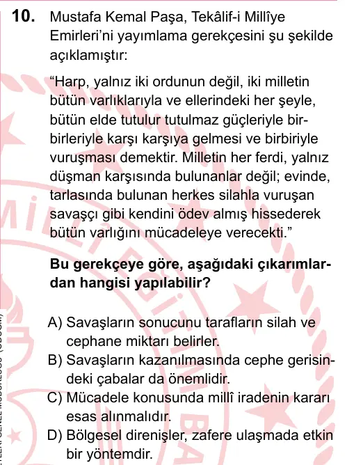 LGS 2023 Sözel T.C. İnkılap Tarihi ve Atatürkçülük 10. Soru görseli
