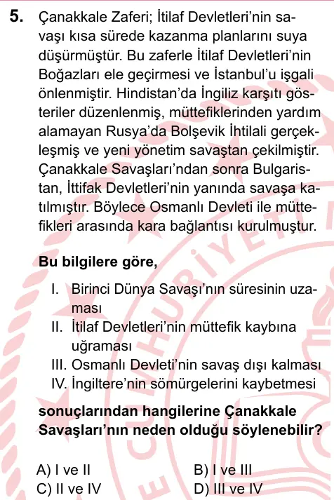 LGS 2023 Sözel T.C. İnkılap Tarihi ve Atatürkçülük 5. Soru görseli