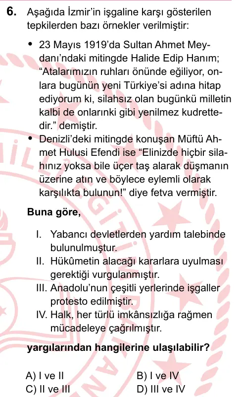 LGS 2023 Sözel T.C. İnkılap Tarihi ve Atatürkçülük 6. Soru görseli