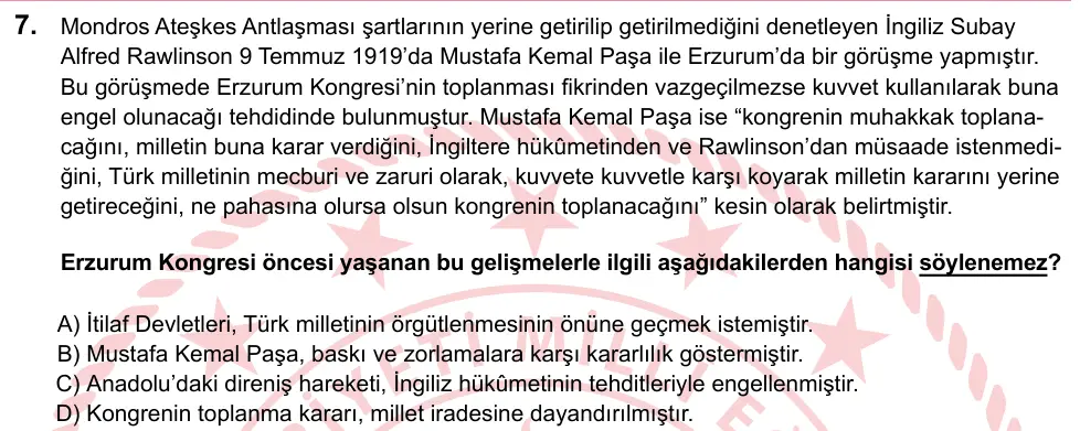 LGS 2023 Sözel T.C. İnkılap Tarihi ve Atatürkçülük 7. Soru görseli