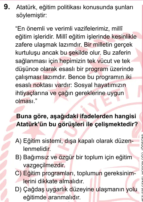 LGS 2023 Sözel T.C. İnkılap Tarihi ve Atatürkçülük 9. Soru görseli