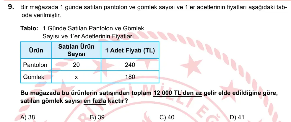LGS 2024 Sayısal Matematik 9. Soru görseli