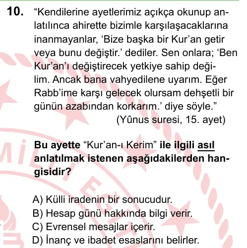 LGS 2024 Sözel Din Kültürü ve Ahlak Bilgisi 10. Soru görseli
