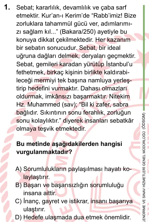 LGS 2024 Sözel Din Kültürü ve Ahlak Bilgisi 1. Soru görseli