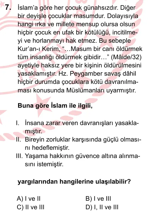 LGS 2024 Sözel Din Kültürü ve Ahlak Bilgisi 7. Soru görseli