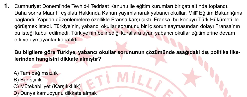 LGS 2024 Sözel T.C. İnkılap Tarihi ve Atatürkçülük 1. Soru görseli
