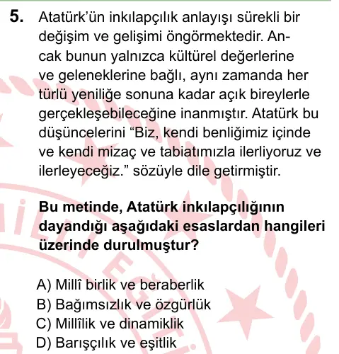 LGS 2024 Sözel T.C. İnkılap Tarihi ve Atatürkçülük 5. Soru görseli