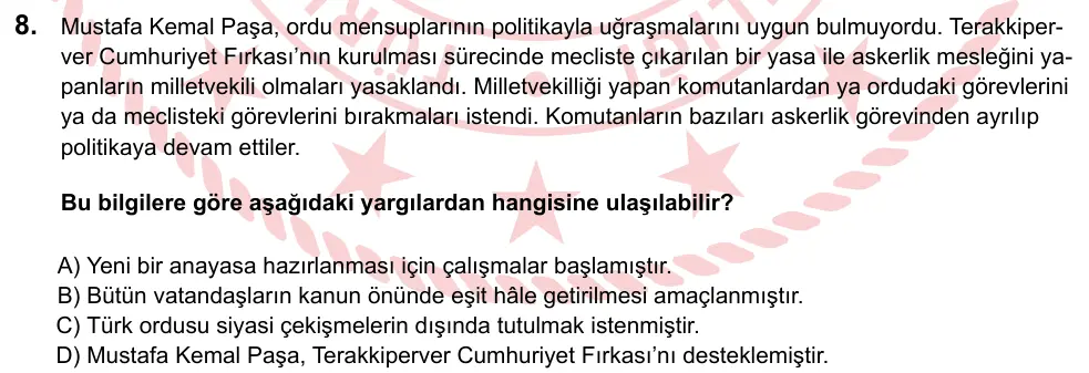 LGS 2024 Sözel T.C. İnkılap Tarihi ve Atatürkçülük 8. Soru görseli
