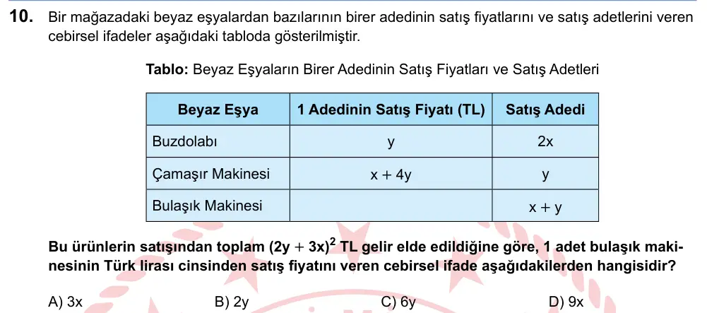 LGS 2025 Sayısal Matematik 10. Soru görseli