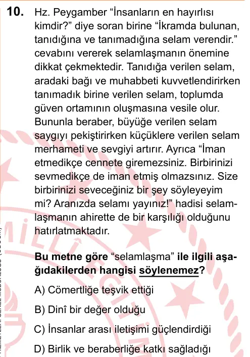 LGS 2025 Sözel Din Kültürü ve Ahlak Bilgisi 10. Soru görseli