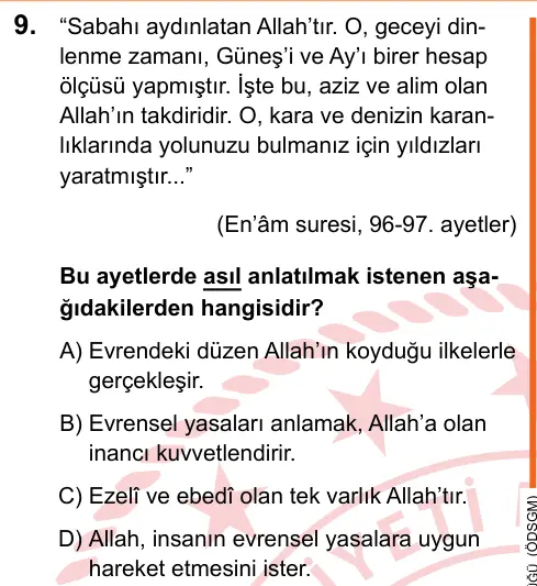 LGS 2025 Sözel Din Kültürü ve Ahlak Bilgisi 9. Soru görseli