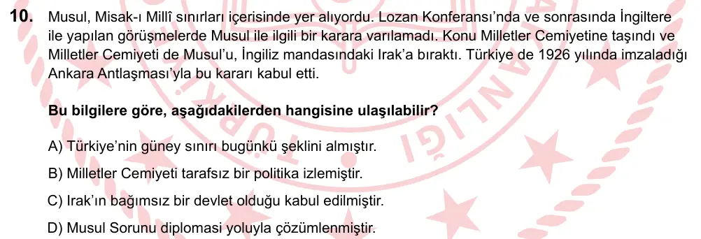 LGS 2025 Sözel T.C. İnkılap Tarihi ve Atatürkçülük 10. Soru görseli