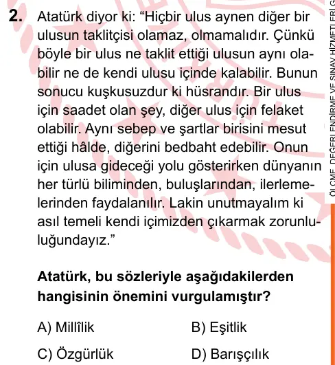 LGS 2025 Sözel T.C. İnkılap Tarihi ve Atatürkçülük 2. Soru görseli